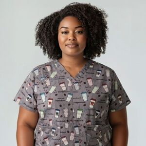Sz Medium Zoe + Chloe V-neck Scrub Top Coffee Cup Print Modern Workwear